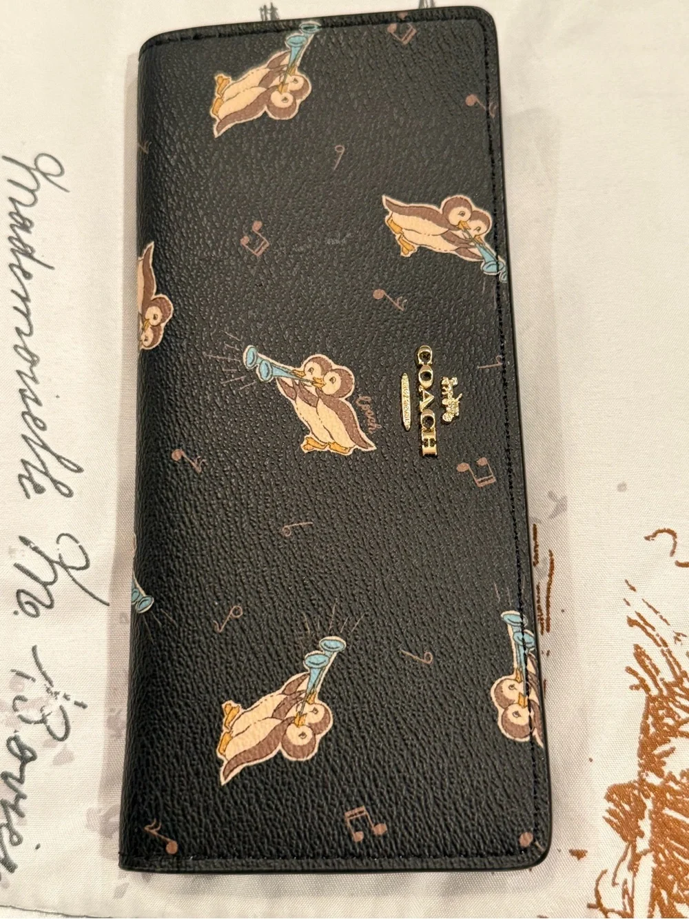 Coach Black Leather Long Wallet Penguin Print